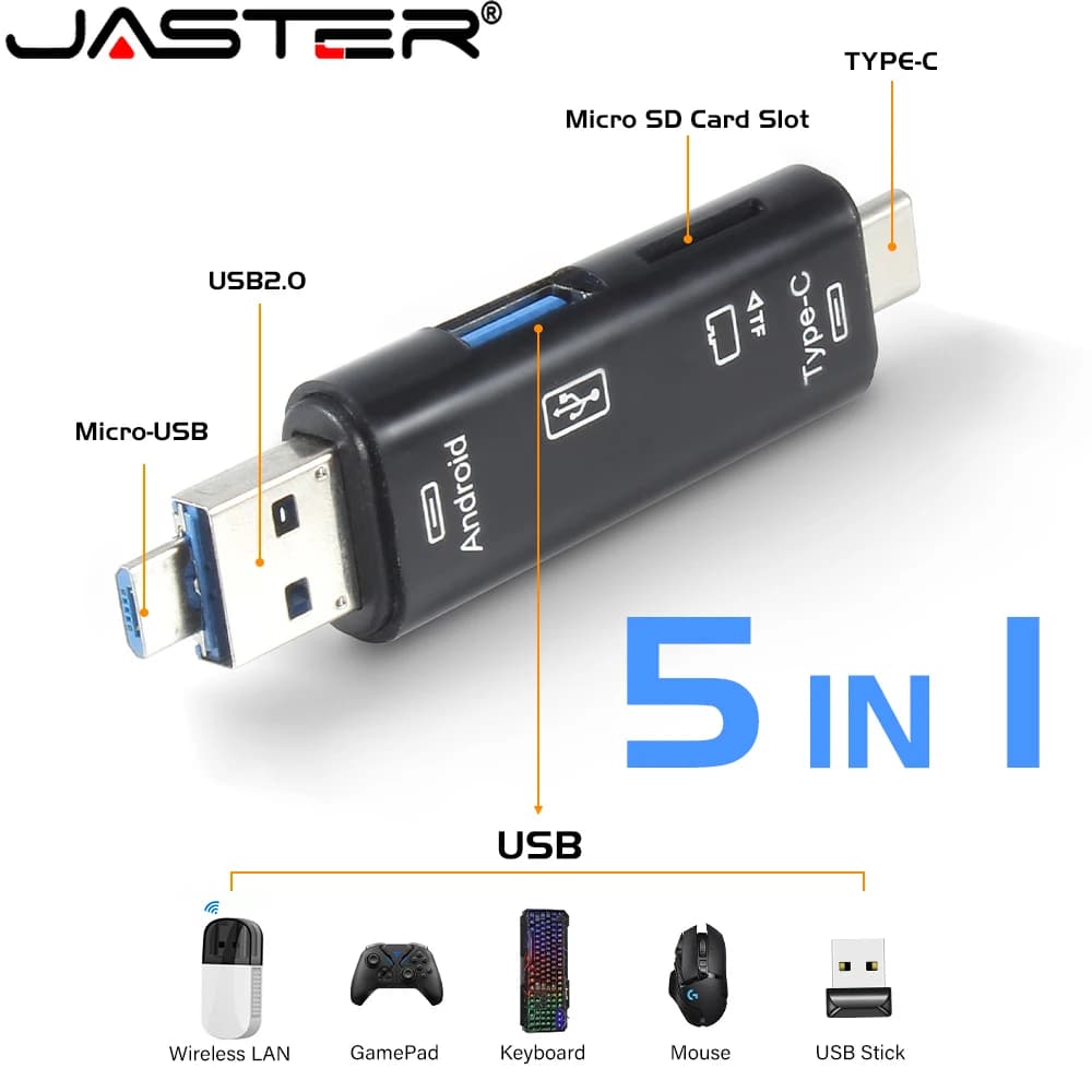 Lettore di schede multifunzione 5 in 1 memoria esterna Stretch nero per Memory Stick TYPE-C USB 3.0 Mini lettore di schede di memoria