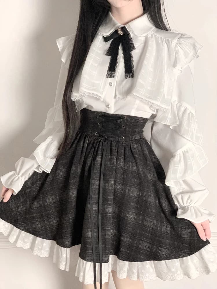Nuovo Set Elegante Giapponese da Donna in 2 Pezzi, Stile Vintage Hepburn, Camicetta con Fiocco in Pizzo + Minigonna a Vita Alta a Quadri Y2k