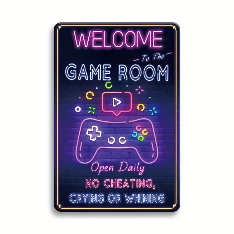 Welcome to the Game Room Metal Sign - Retro Iron Wall Decor with Neon Gaming Theme, Cool Video Door Logo for Boys' Bedro