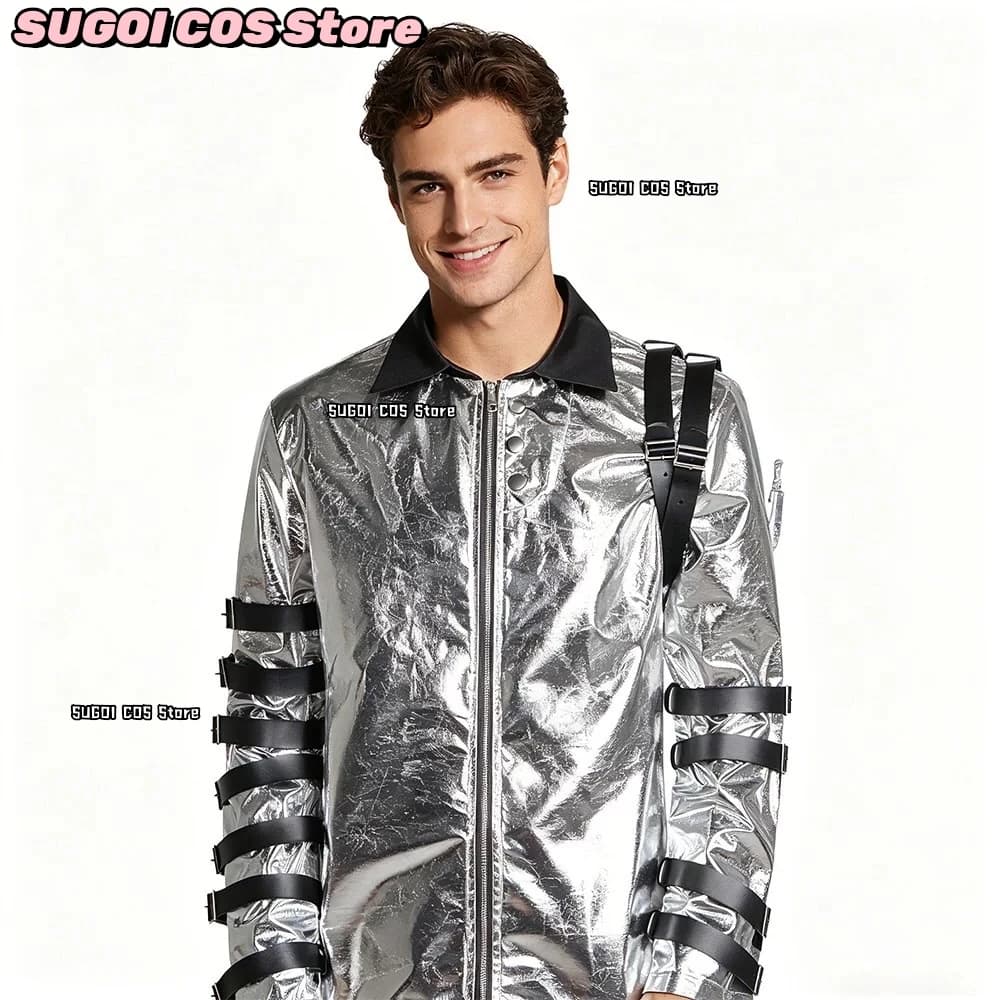 Costume SUGOI COS+Michael Cosplay Bad World, Giacca con Cinturini Neri, Costume Lucido Argento per Spettacoli, Halloween, Feste per Fan