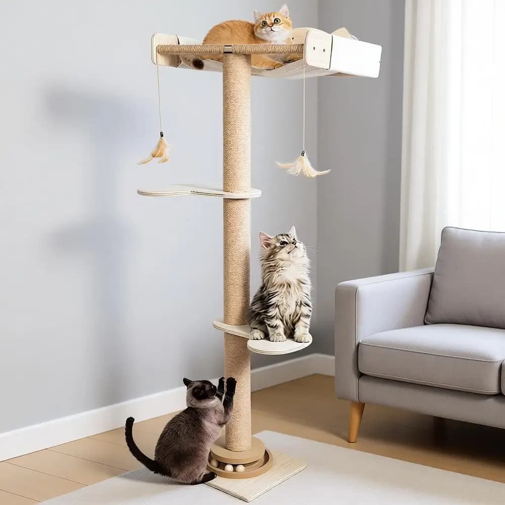 Tiragraffi Regolabile, Albero per Gatti Multilivello da Finestra con Sisal Naturale e Giochi su Binari per Gatti Grandi, Arrampicata e