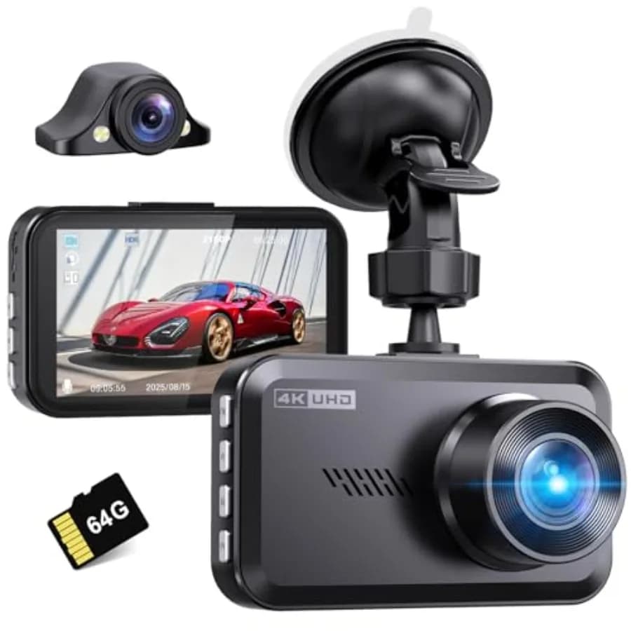 Dash Cam Anteriore e Posteriore 4K+2.5K, Scheda SD 64G Gratuita, Telecamera Dual UHD 2160P+1600P per Auto, 176° ° +160 ° Ampio angolo di visione, schermo IPS da 3,5''