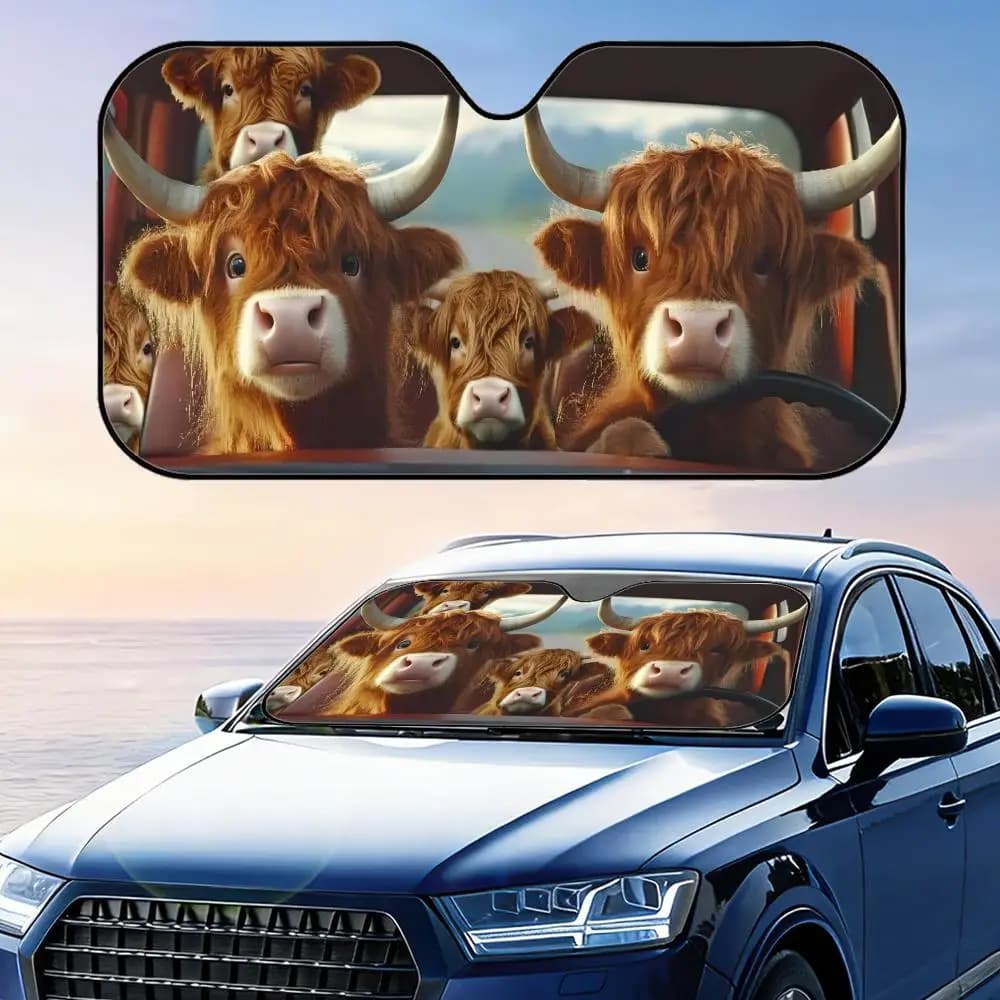 Parasole per auto Highland Cattle in alluminio riutilizzabile, protezione UV, isolamento termico, copertura parasole
