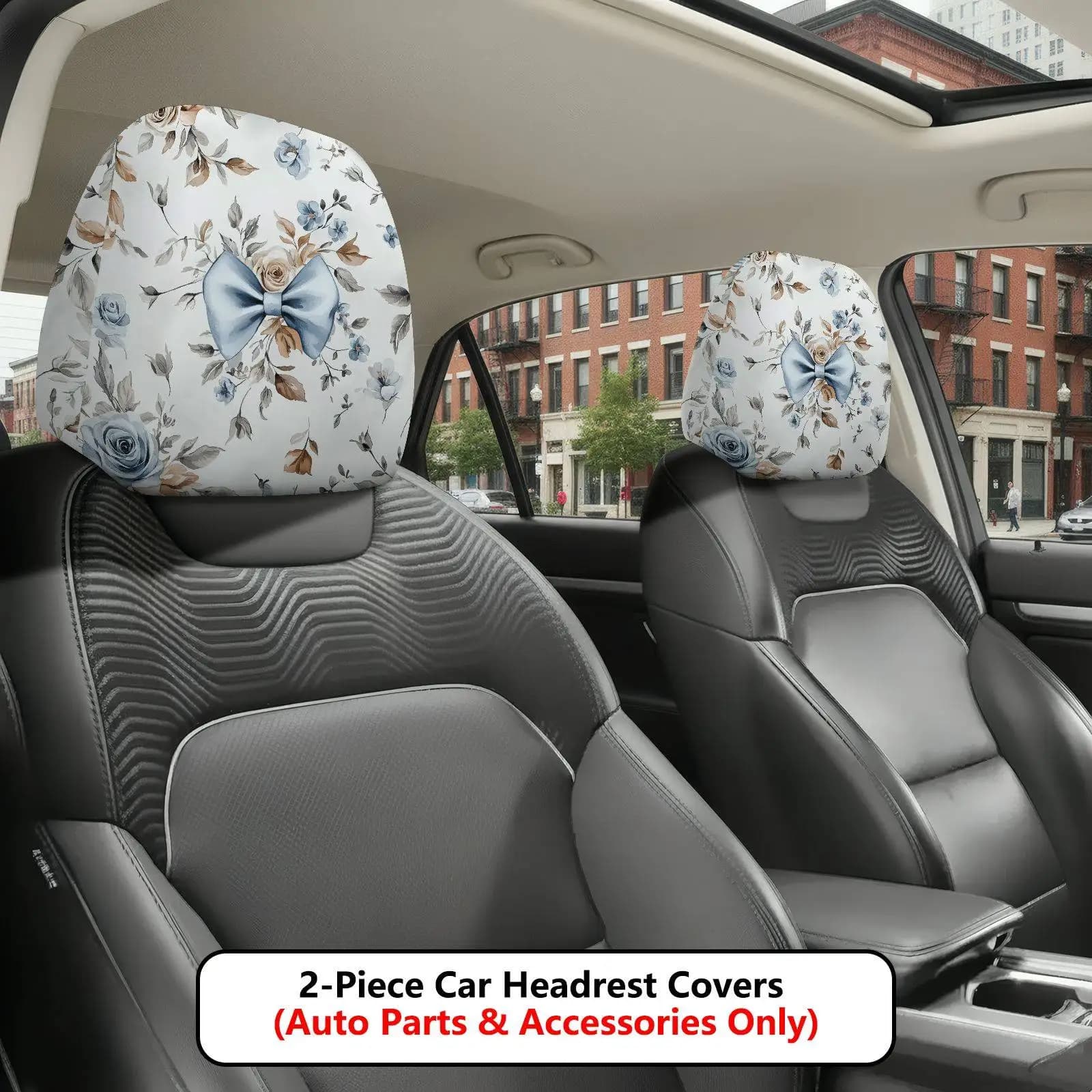Set of 2 car headrest covers with floral bow-shaped design, which guarantee seat protection thanks to the highly elastic structure