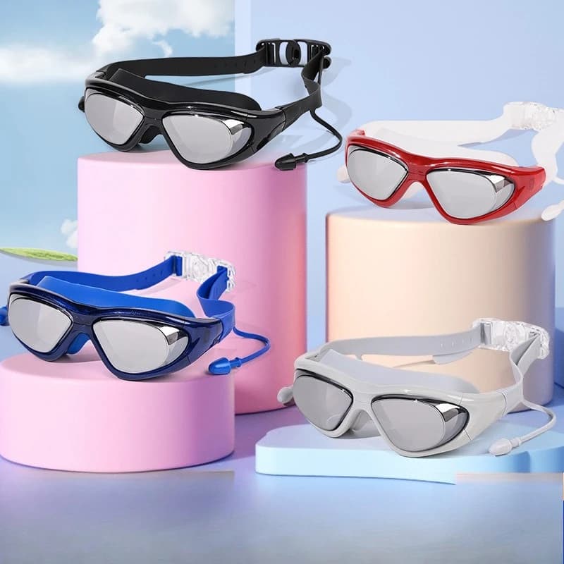 Occhialini da nuoto per adulti con montatura grande elettroplaccata, tappi per le orecchie monopezzo, impermeabili e antiappannamento, occhiali da immersione e nuoto