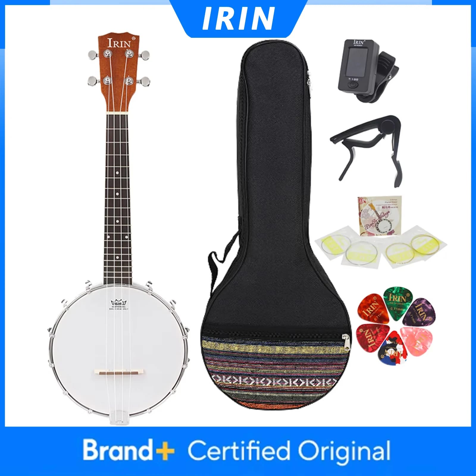 Banjo IRIN a 4 Corde con Corpo in Sapele, Tastiera in Palissandro, Banjo Professionale con Borsa, Accordatore, Plettri, Parti e Accessori