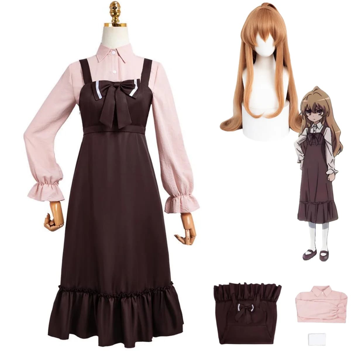 Anime TIGER×DRAGON! Aisaka Taiga Costume Cosplay Camicia rosa Abito marrone Parrucca uniforme Donna adulta Simpatico vestito di carnevale di Natale