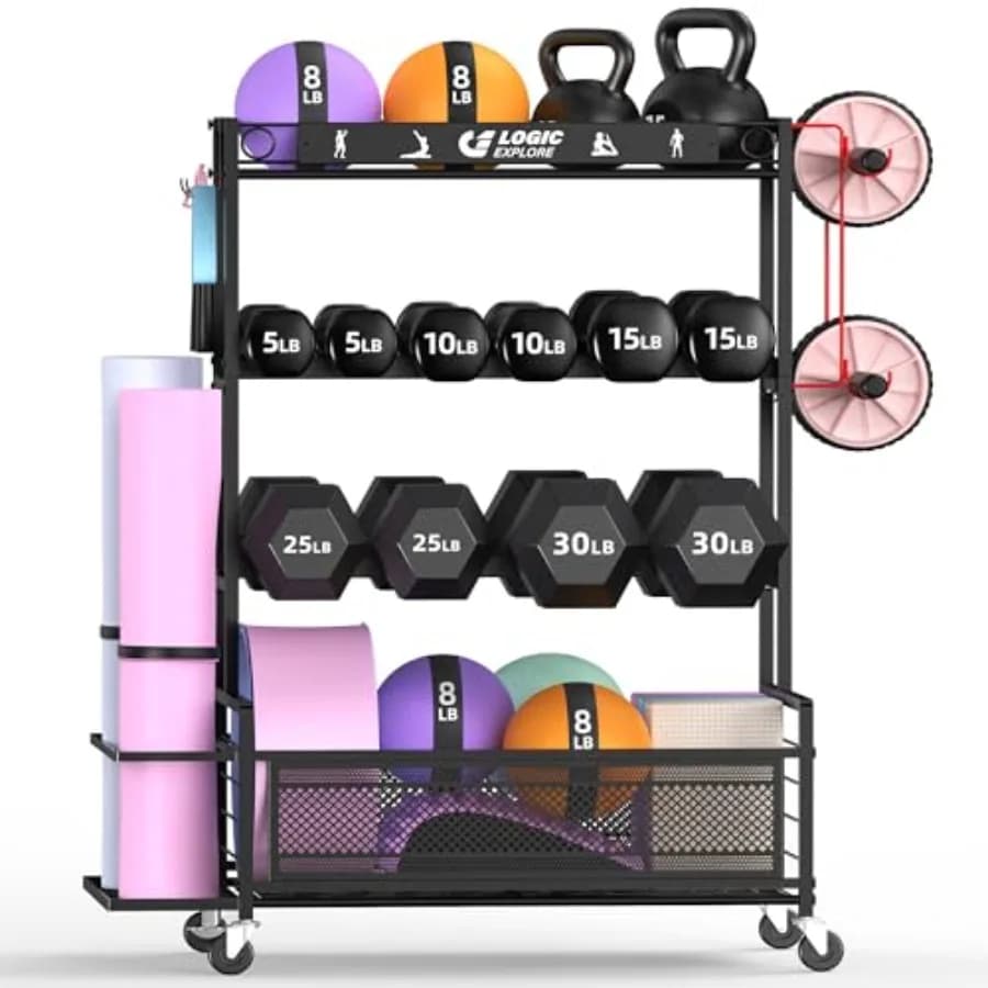 Porta Manubri Regolabile con Ruote per Organizzazione Palestra Domestica, Supporto in Metallo per Pesi, Manubri, Kettlebell, Yoga