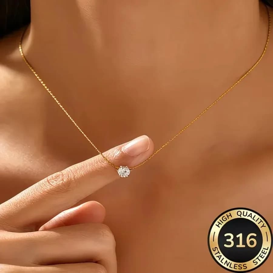 Stainless Steel Gold Plated Dainty Minimalist Zircon Charm Anti Tarnish Chain Round Clear Cz Stone Necklace for Women Accessori
