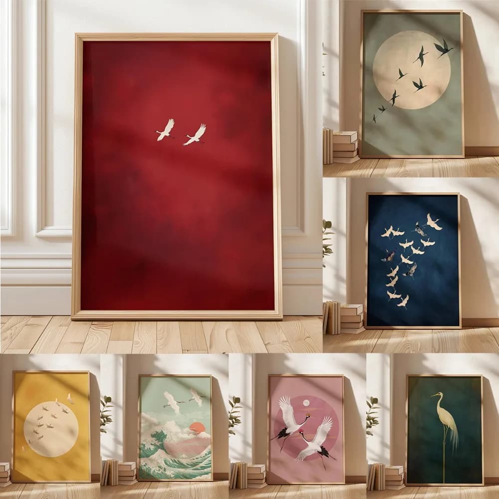 1pc Frameless Japanese Crane Wall Elegant Bird Poster Asian Style Artwork Peaceful Flying Crane Zen Natural Decor Oriental Ho