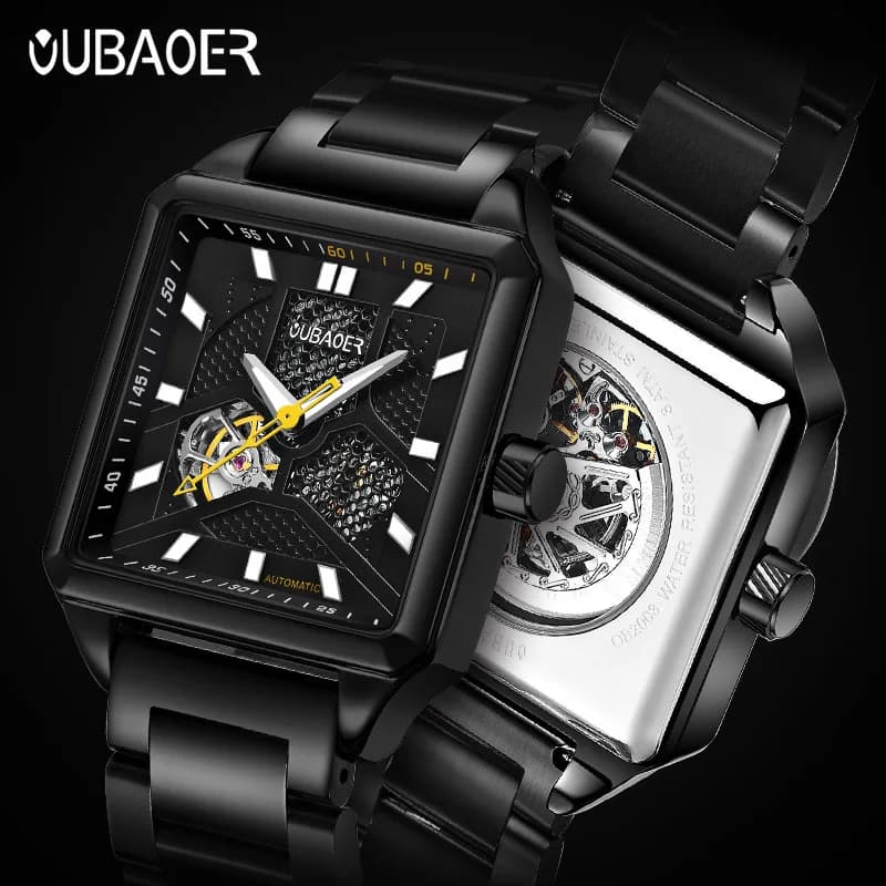 Orologio meccanico automatico di tendenza, orologio da uomo alla moda, orologio meccanico quadrato con cinturino in acciaio impermeabile e design scheletrato.
