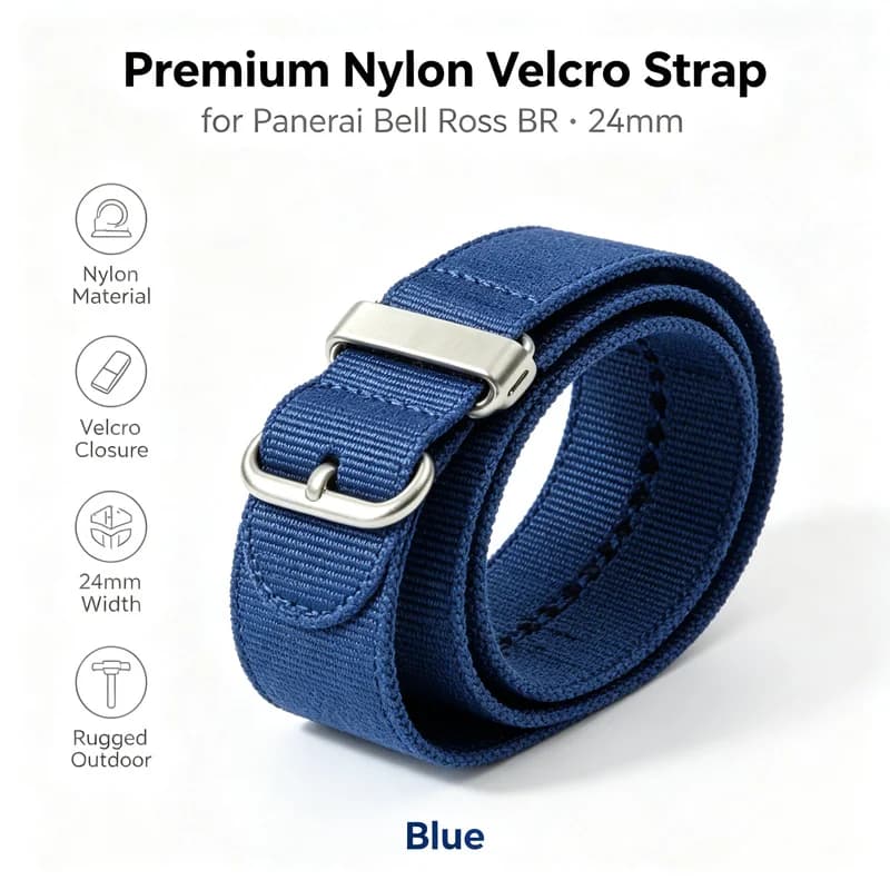 24mm Premium Nylon Velcro Strap for Panerai Bell Ross BR Blue Rugged Outdoor Hook and Loop Sports Men's Replacement Watch Band