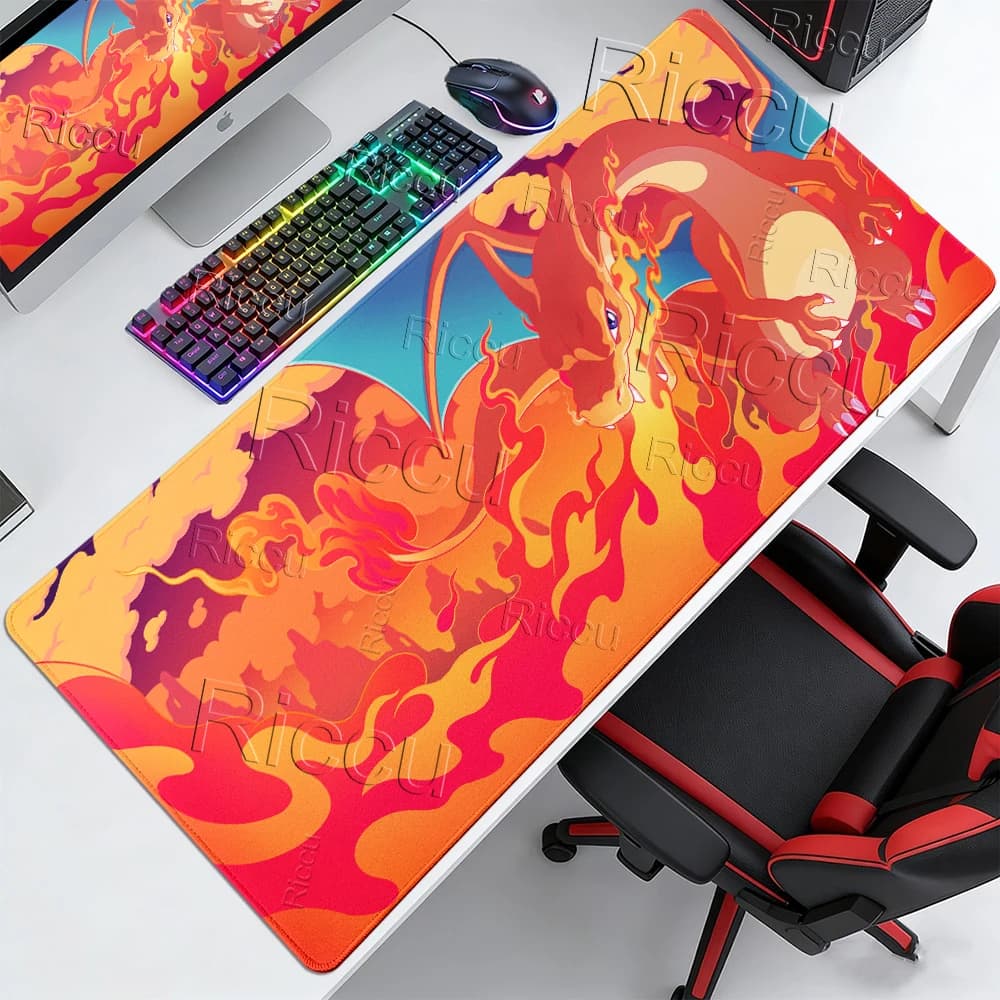 Tappetino Mouse XXL per Laptop, Anime Giapponese, Tastiera da Gaming, Pokemon C-Charizard, Mousepad PC Esteso, Accessori da Scrivania
