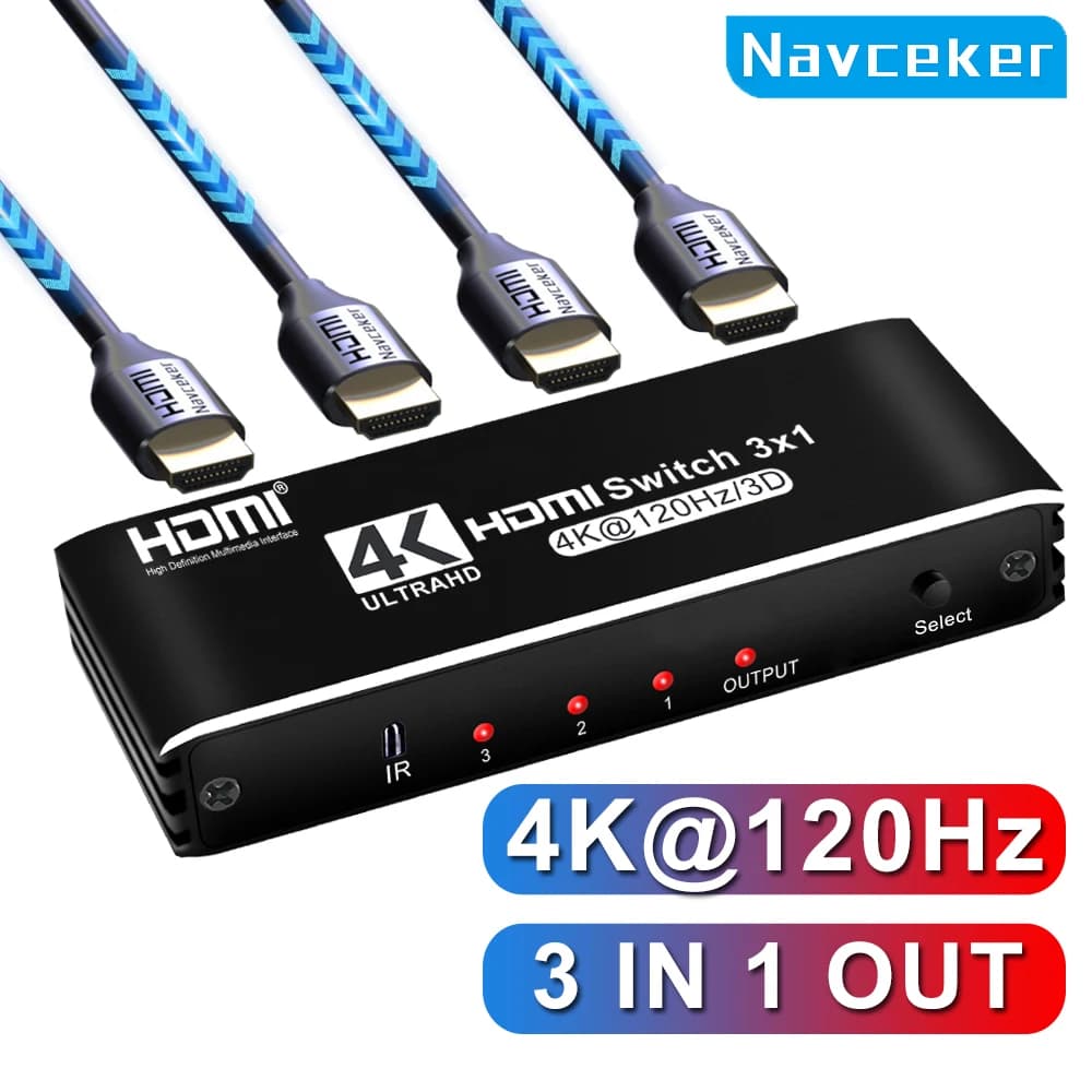 Navceker HDMI 2.1 Switcher 8K 60Hz 4 k120hz Switch compatibile HDMI 3 in 1 Out con convertitore di telecomando per monitor Xbox PS5