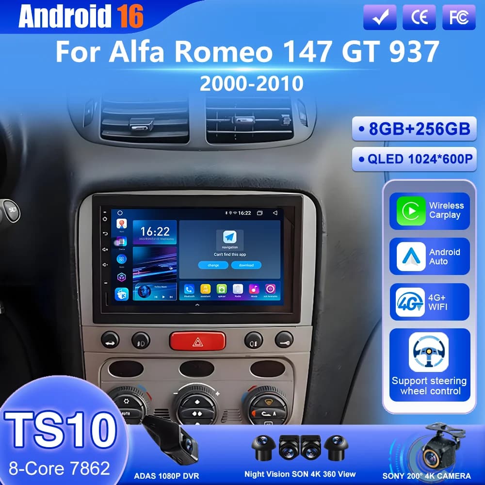 Android 16 Autoradio Stereo Per Alfa Romeo 147 GT 937 2000-2010 Auto Carplay Lettore Video Multimediale Per Alfa Romeo 147 4G Wifi