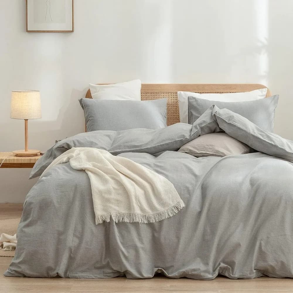 Set copripiumino di lusso in cotone lavato: biancheria da letto in 3 pezzi morbida, comoda e leggera in tinta unita chiara