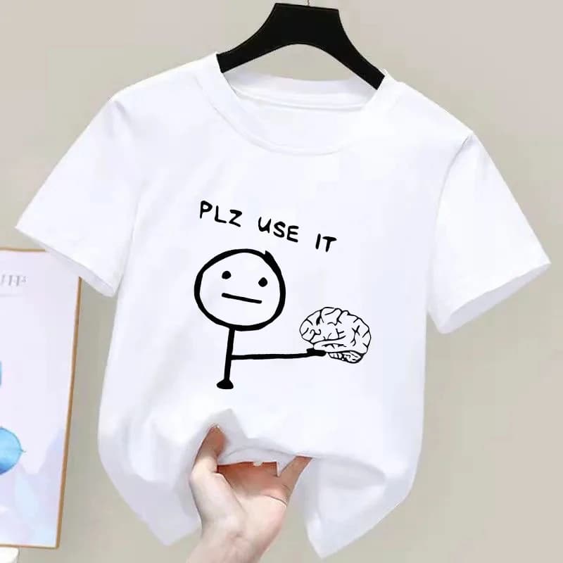 T-shirt divertente con stampa divertente 'PLZ USE IT' 'Hey You Dropped This' a forma di cervello, a maniche corte, maglietta estiva per bambini
