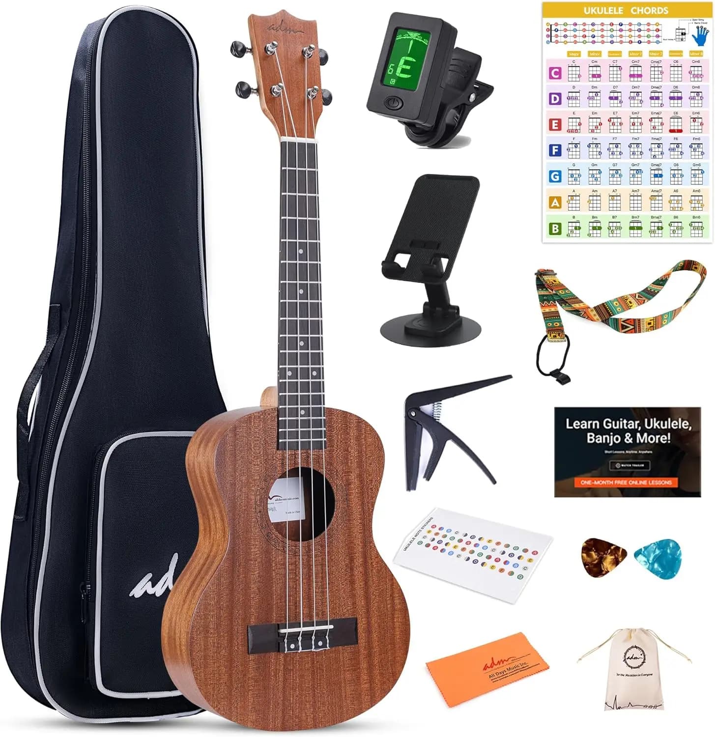 Mahogany Hawaiian Wood 26-Inch Ukulele Beginner Bundle with Free Starter Lessons for Kids, Students, and Adults, Yellow Brown (Khaki)