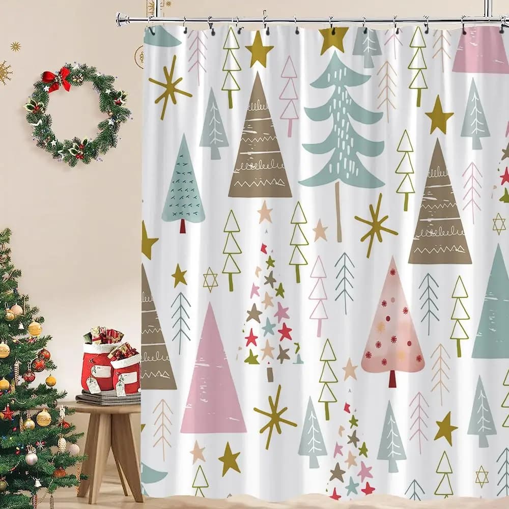 Buon Natale Tenda da doccia Verde Rosa Blu Alberi di Natale Stelle Modello di neve Fiocco di neve Vacanze invernali Simpatico cartone animato Felice