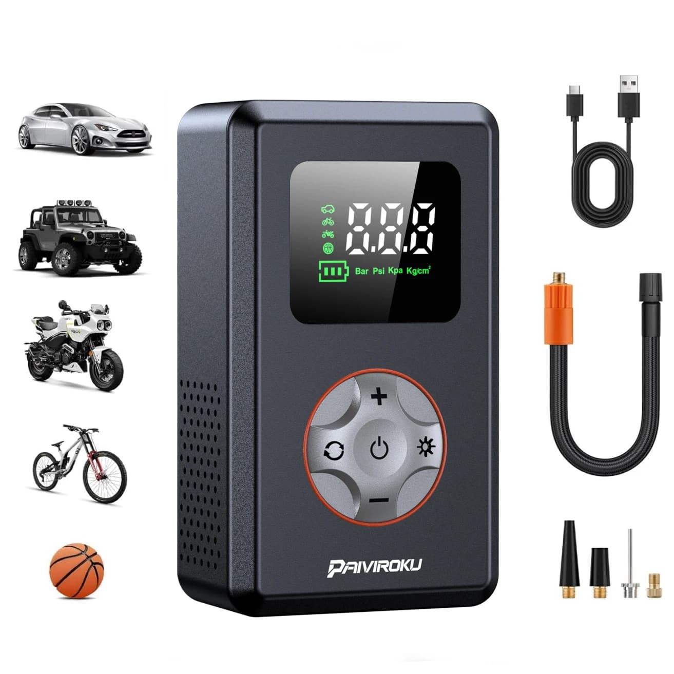 PAIVIROKU Mini Compressore d'Aria Portatile per Pneumatici, Gonfiatore Senza Fili 150PSI, Pompa per Auto con Manometro e Luce LED