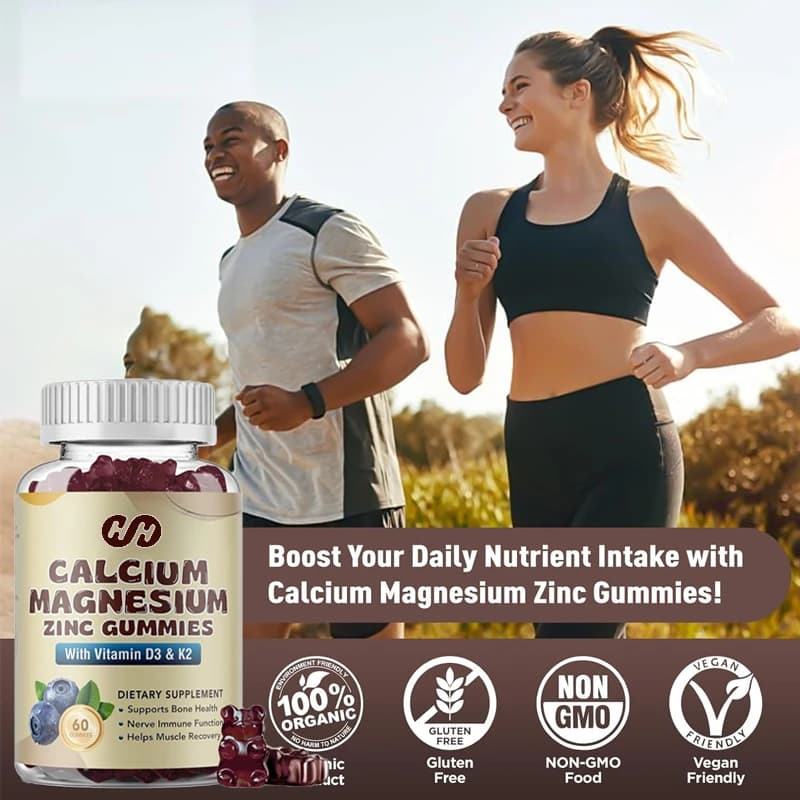Gummie supplement to calcium, magnesium, zinc containing vitamin D3 and K2, 60 capsules for bone health and muscle function