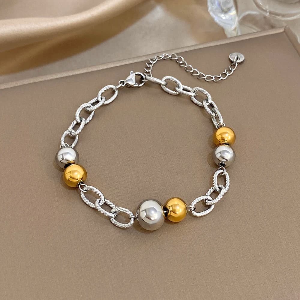 Bracciale con Perle Rotonde Bicolore per Donne, Catena in Acciaio Inossidabile Placcato Oro, Gioielli Impermeabili alla Moda
