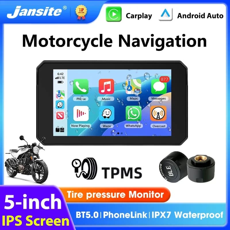 Portable 5 inch Motorcycle GPS Navigation Bluetooth Wireless Carplay Android Auto Moto Monitor IPX7 Waterproof Support TPMS