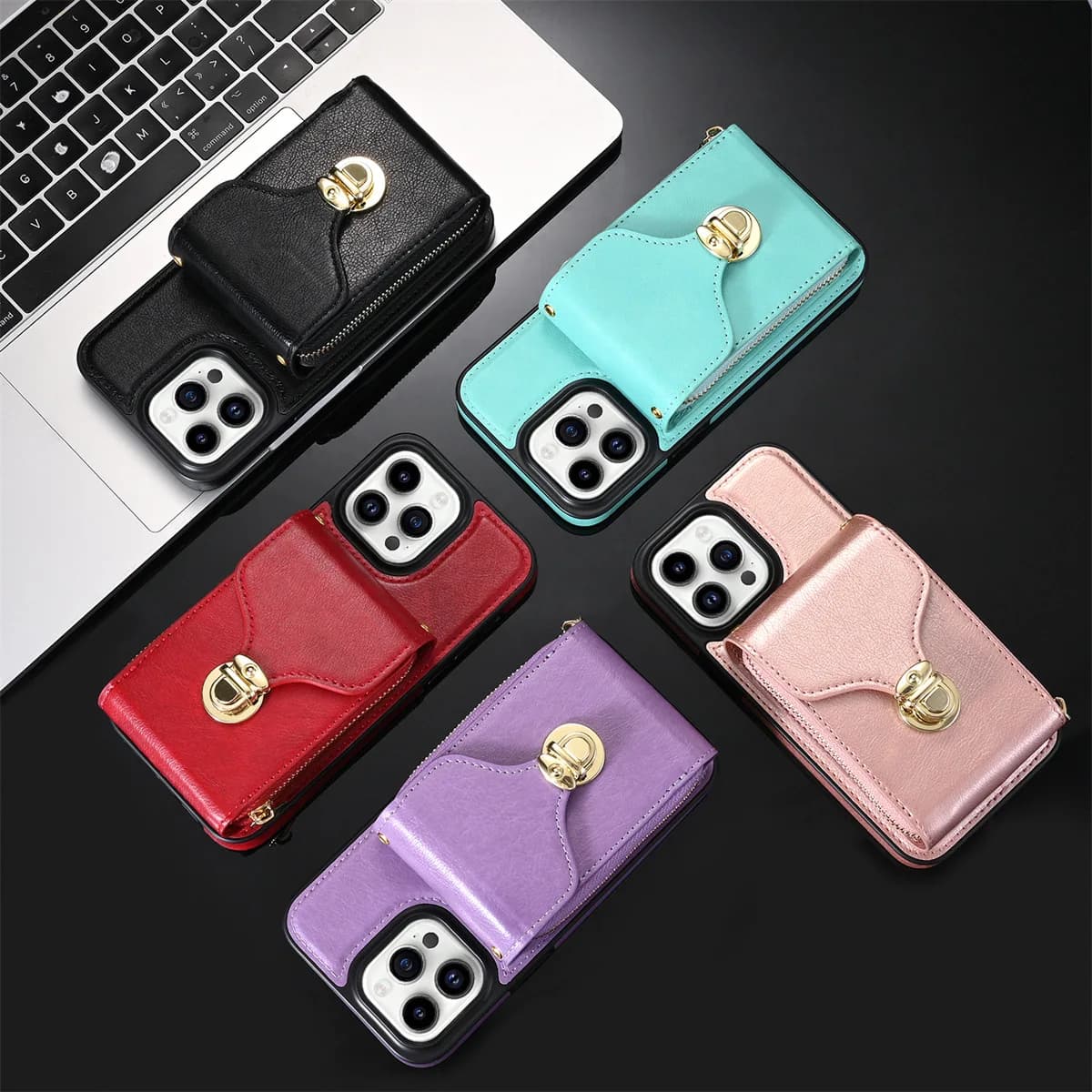 Suitable for Apple 17, 16, 15 Pro Max side-mounted strap zipped cross-body wallet with card slot and fashionable phone case