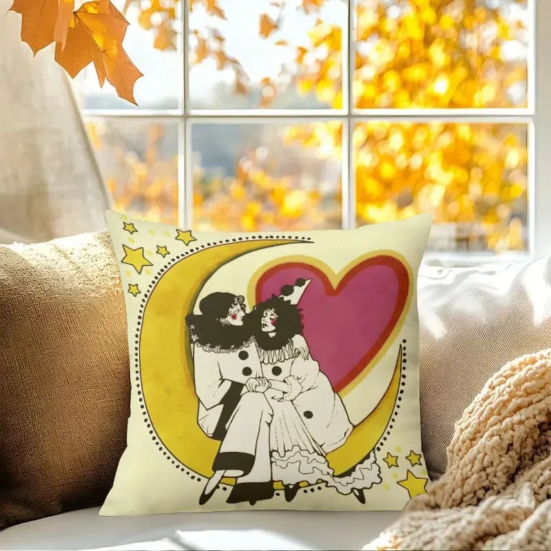 Fodera per cuscino quadrata in jacquard con motivo Coppia di Pierrot sulla Luna, per divano, ufficio, cuscino lombare, federa decorativa per la casa