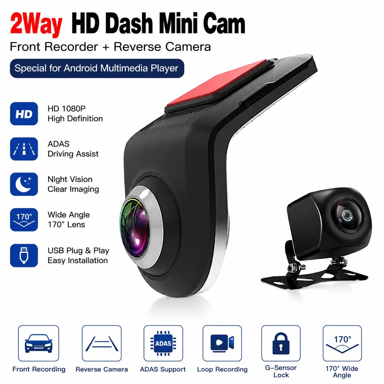 2Way HD Dash Mini Cam Car USB ADAS DVR Special for Android Multimedia Player AHD Camera Video Front Recorder Reverse Vision