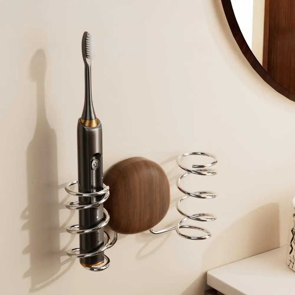 Wall Mounted Toothbrush Holder, Stainless Steel And Wood with Hollow Drainage Design, Suction Cup Storage Rack for Countertop