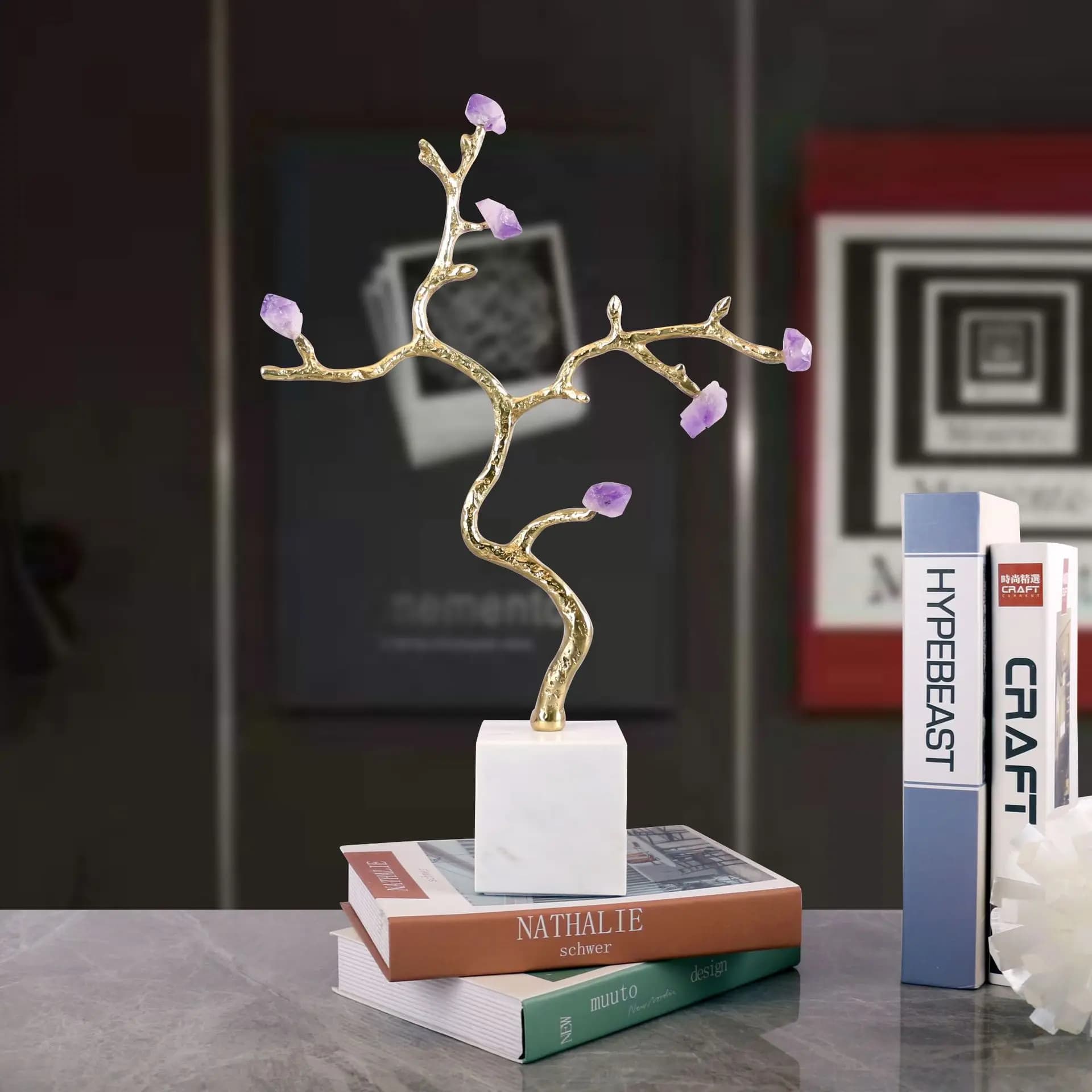 Albero di cristallo in metallo Base in marmo Simulazione fatta a mano Statua di pianta Figurine decorative naturali Accessori per la decorazione della casa