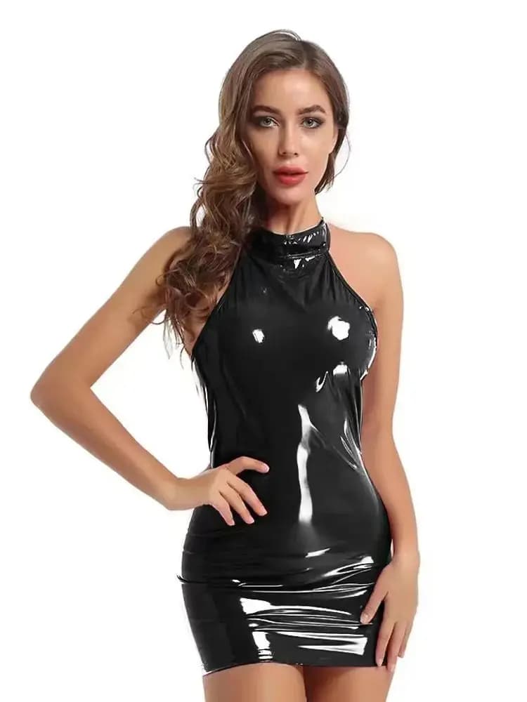 S-4XL Halter Backless Wet Look PVC Hot Dress Senza maniche Lucido PU Pelle Vestito estivo Pacchetto Hip Minifalda Sexy Vestido Clubwear