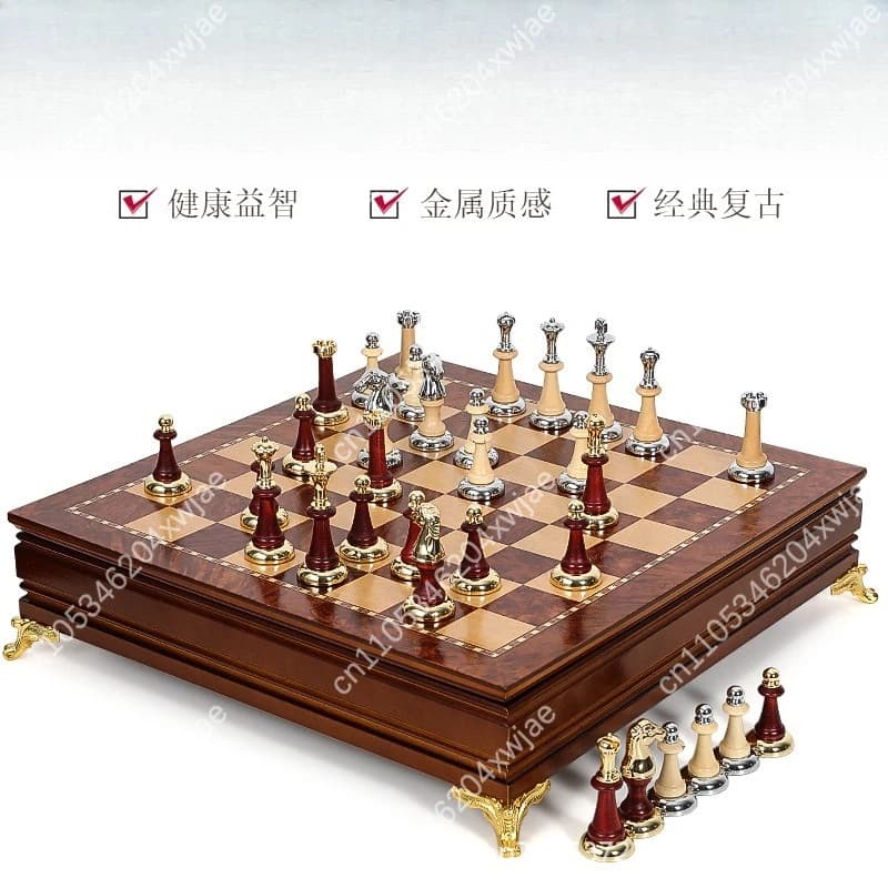 Set di Scacchi di Lusso in Metallo e Legno, Gioco da Tavolo da Collezione, Scatola Pieghevole Portatile per Casa e Ufficio, Idea Regalo