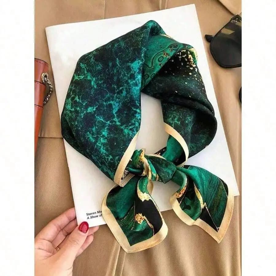 Elegant Bohemian Green Print Satin Bandana Scarf For Women Lightweight Daily Wear