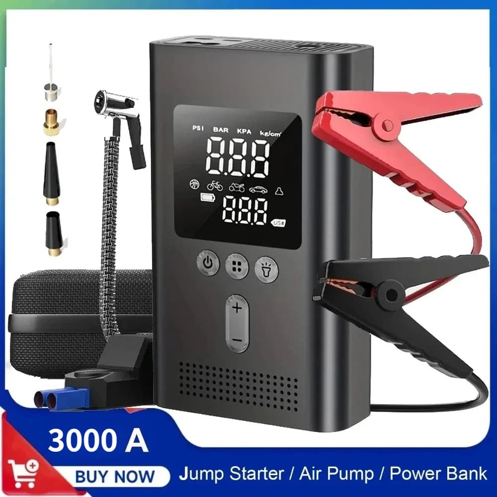 Avviatore di emergenza per auto 4 IN1 con gonfiatore per pneumatici, power bank di avviamento di emergenza da 3000 A con compressore d'aria automatico con pompa d'aria da 150 PSI, luce a LED