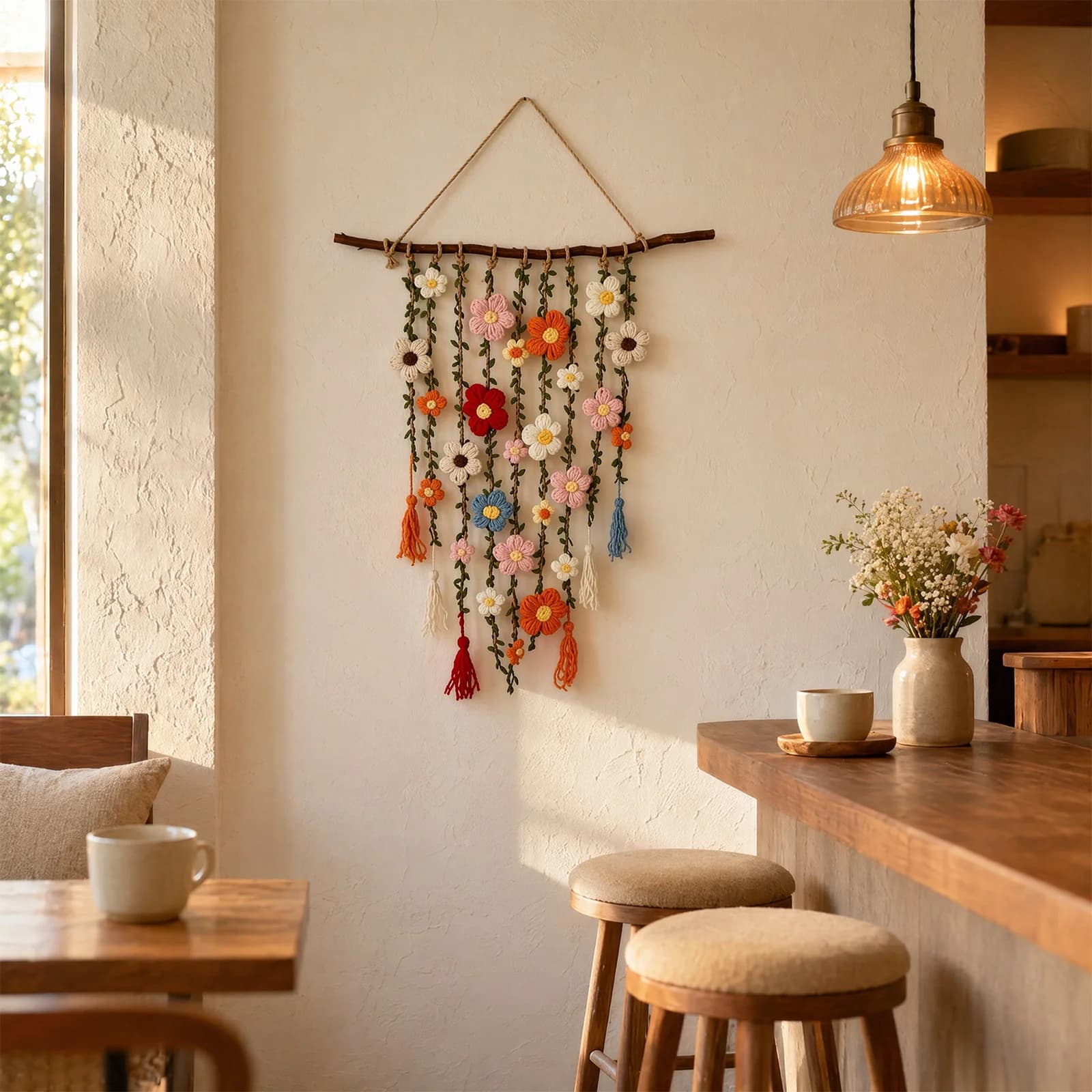 Crochet Woven Garden Boho Floral Wall Hanging Tapestry Handmade Flower Decor Home Living Room Bedroom Art