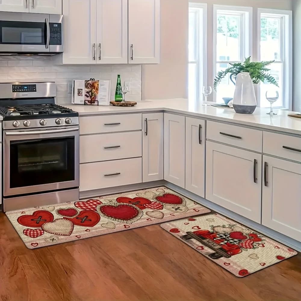 Tappetino da cucina con camion e bottoni rossi per San Valentino, tappetino in stile rustico, decorazione per la casa per camere da letto e soggiorni