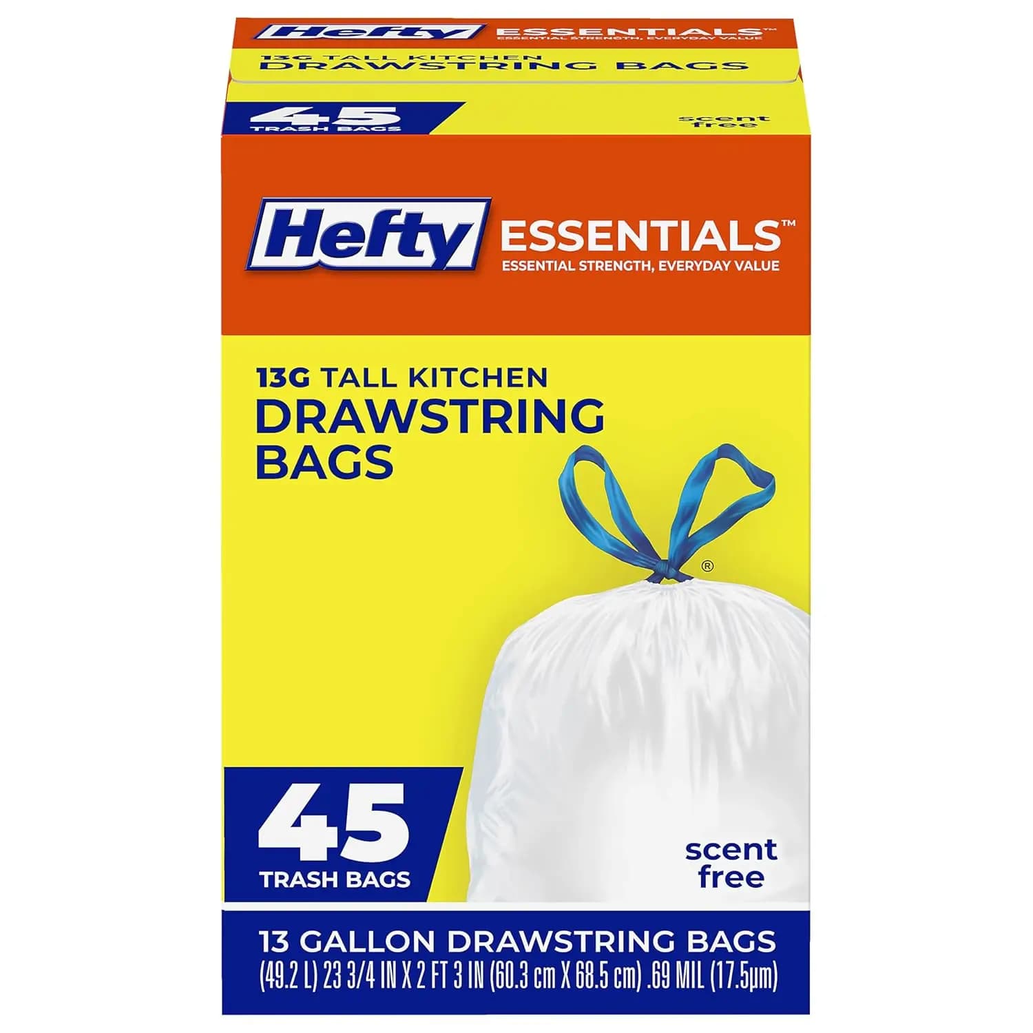 13 Gallon Drawstring Trash Bags, 45 Count, Unscented, Tall Kitchen Bags for Home Office & Laundry, Easy Tie & Carry, White