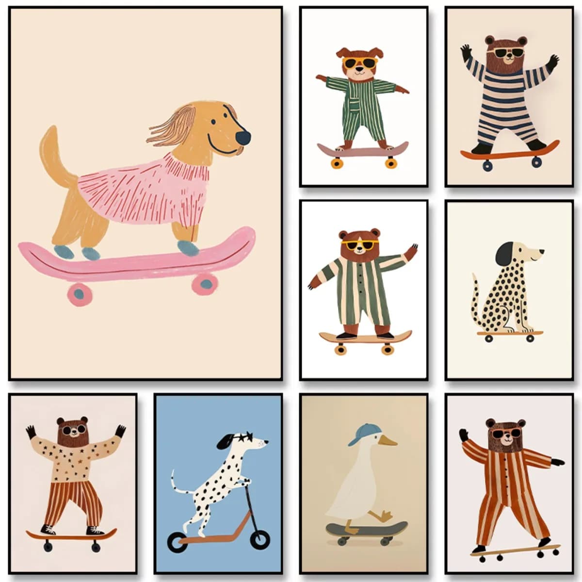 Stampe su tela Poster Cartoon Animali divertenti Stampe d'arte Camera da letto Nursery Wall Art Home Decor Poster Simpatico cane da skateboard Bassotto