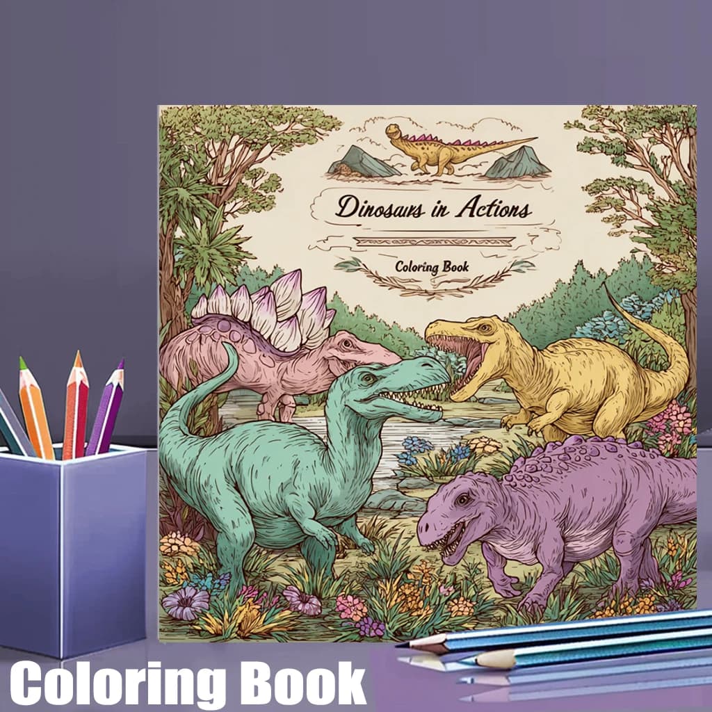 28 Pages Original Dinosaurs in Action Coloring Book for Adult | Colouring Book, Drawing Supplies for Christmas, Thanksgiving