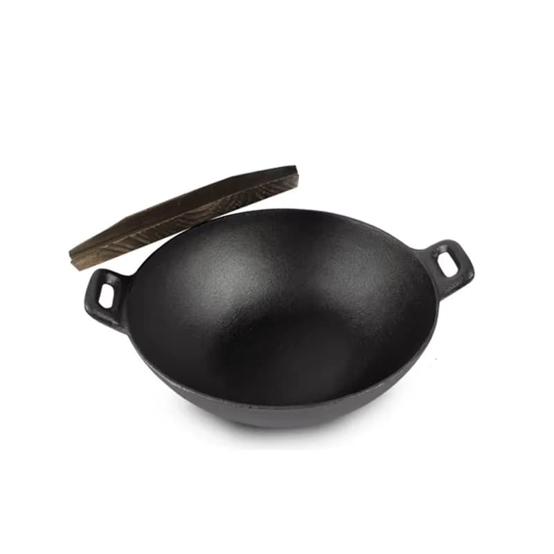 Wok in Ghisa Fatto a Mano da 24cm con Coperchio in Legno, Padella a Fondo Piatto per 1-2 Persone
