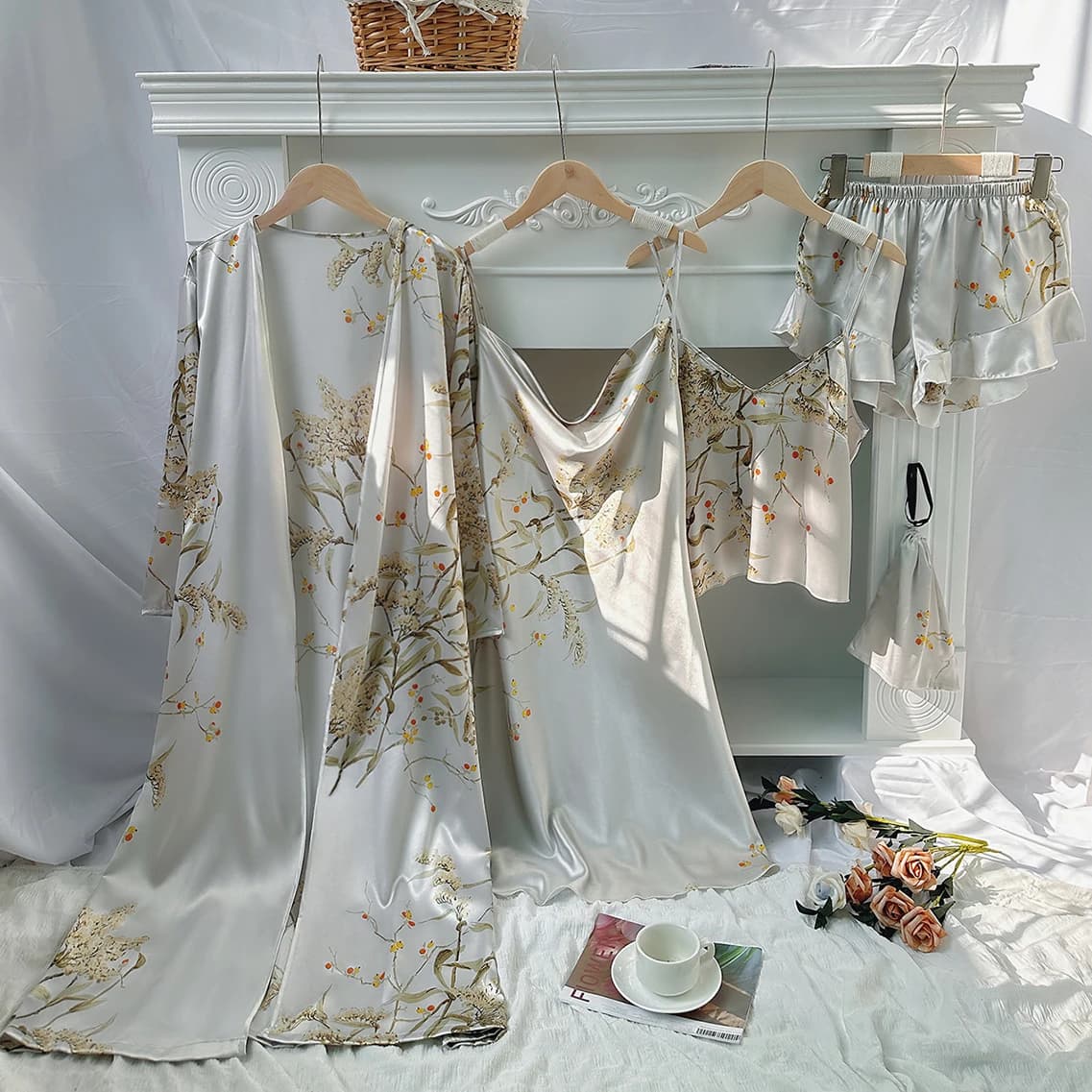 Pigiama da donna elegante con stampa floreale in 5 pezzi, comodo e versatile, per il tempo libero quotidiano, alla moda