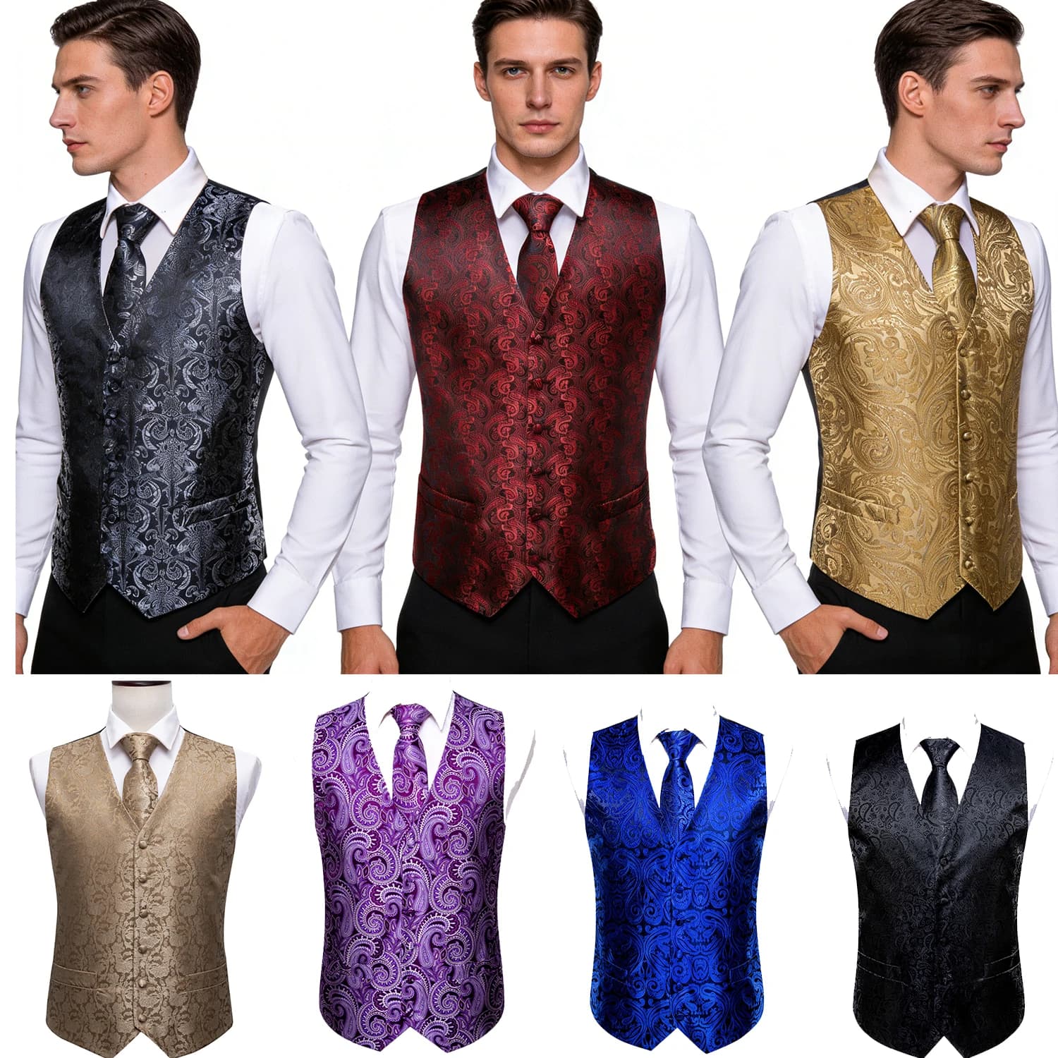 Men's Formal Black Purple Vest & Tie Hanky Cufflinks Set – Ideal Dress for Weddings Events Party Gift