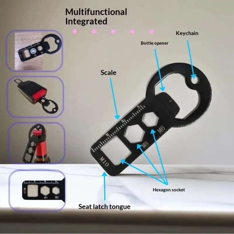 Strumento Multifunzione EDC Portachiavi - Apribottiglie, Chiave Esagonale (M6/M8/M10), Righello e Fibbia Cintura di Sicurezza, Multi-Tool in Acciaio Inossidabile