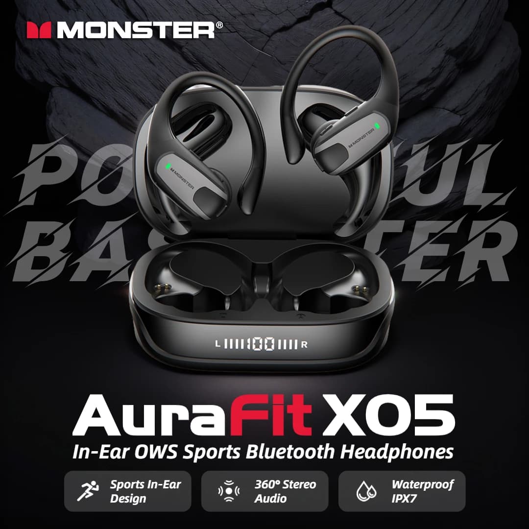 Monster AuraFit X05 In-Ear OWS Auricolari Bluetooth Conduzione aerea Sport Cuffia wireless IPX7 Gancio per l'orecchio Bluetooth impermeabile