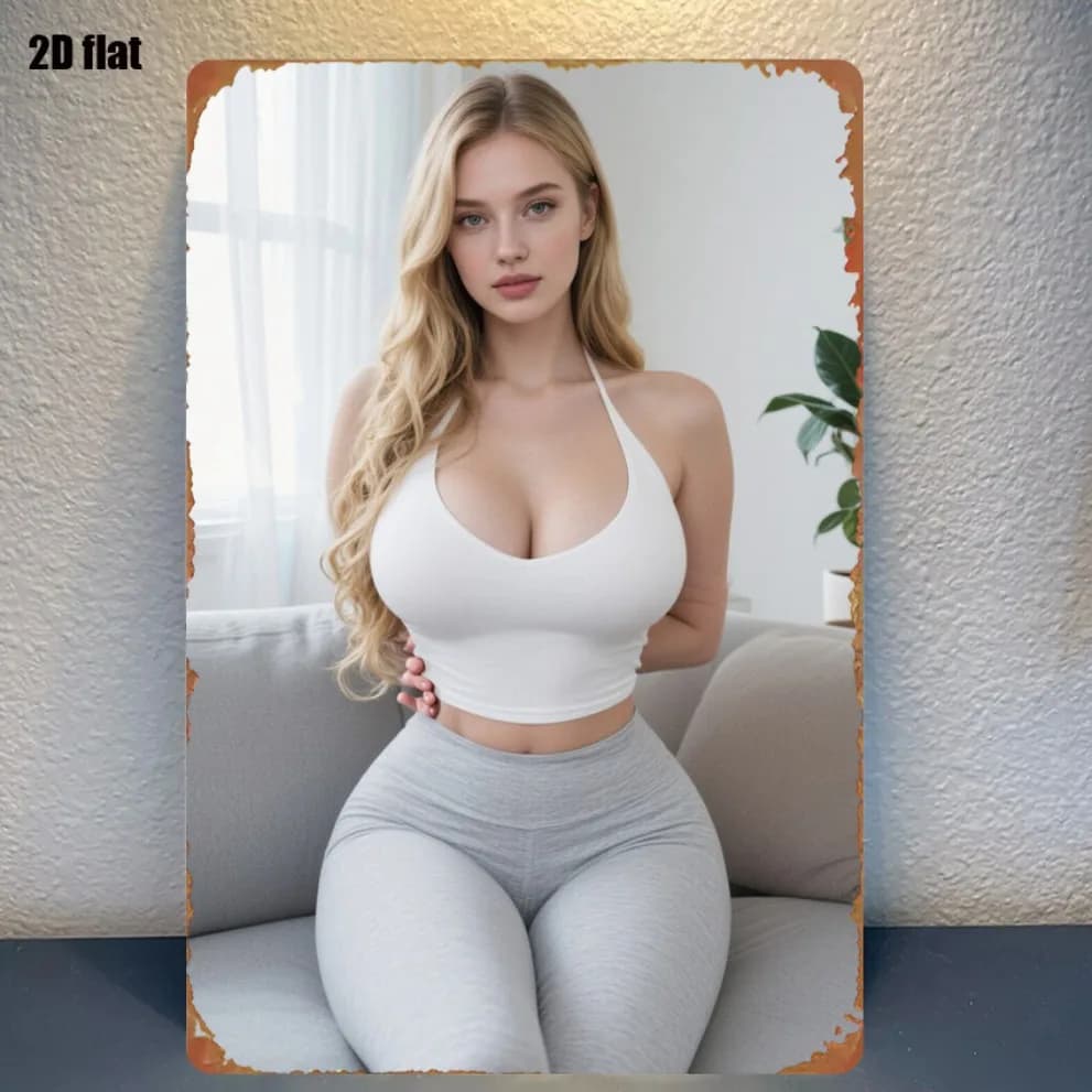 HD Metal Wall Art Gorgeous Blonde Woman in Sexy White Halter Crop Top & High-Waisted Gray Leggings Posing Gracefully on Cozy