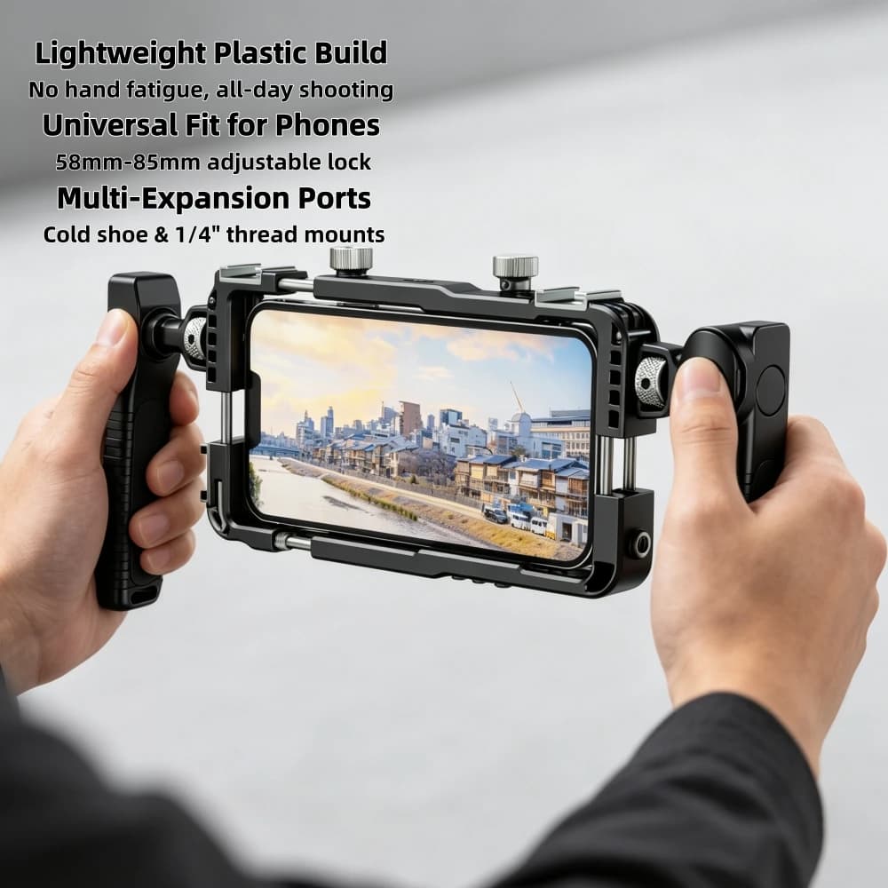 Universal Smartphone Video Rig with Handles Phone Cage 67mm Filter Adapter for iPhone 17 16 14 15 Pro Max Samsung S26 Ultra