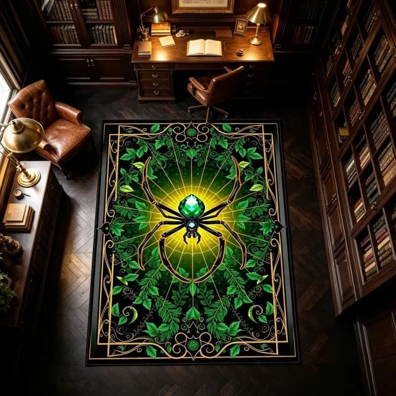 Gothic Spider Art Deco Rug, Mysterious Leave Pattern Area Carpet, Dark Aesthetic Floor Mat, Occult-Inspired Home Decor Rug