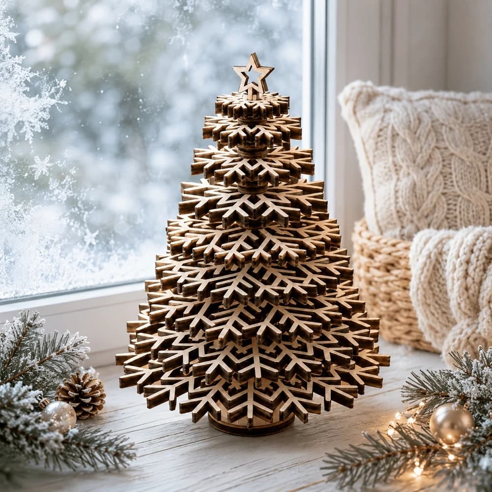DIY 3D Assembled Wooden Christmas Tree, Snowflake Xmas Desktop Ornament, Tabletop Decor for Christmas Party Home Holiday Gift